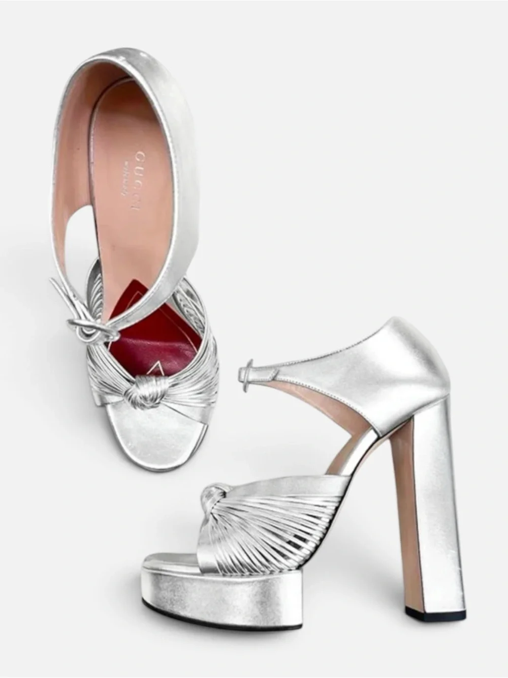 Nwot GUCCI 2019 METALLIC SILVER CRAWFORD LEATHER PLATFORM SANDALS